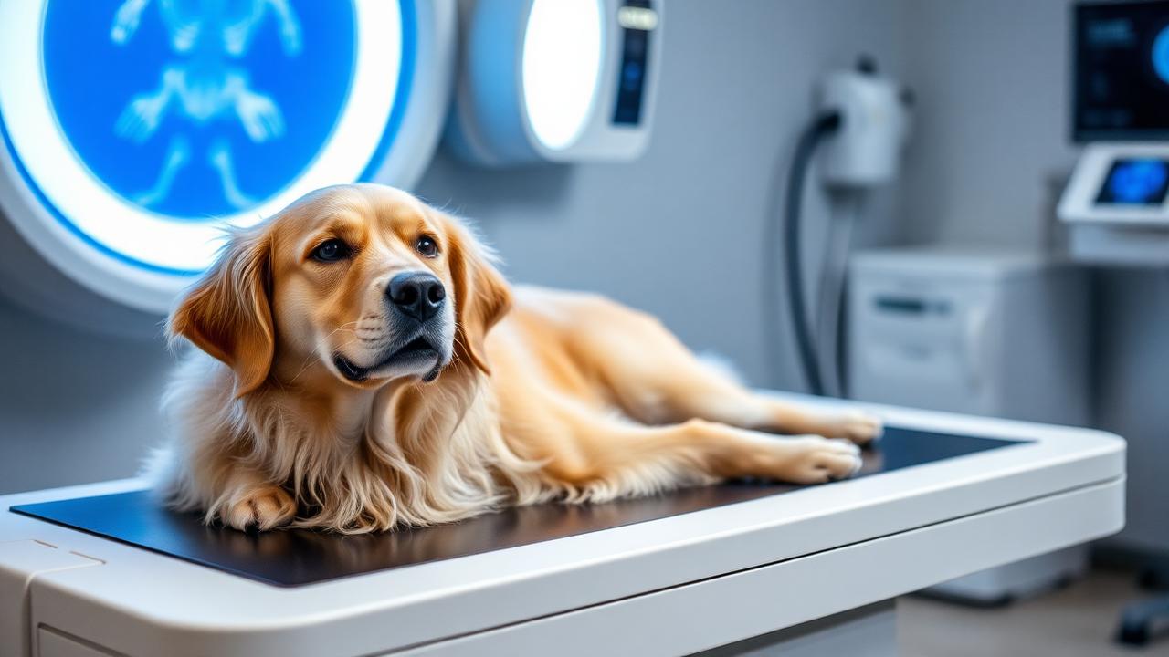 Cão em mesa de radiografia digital veterinária